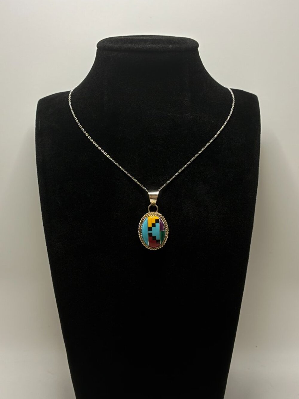 MKM Navajo Zuni Multicolor Inlay Pendant Necklace 925 Silver Sterling